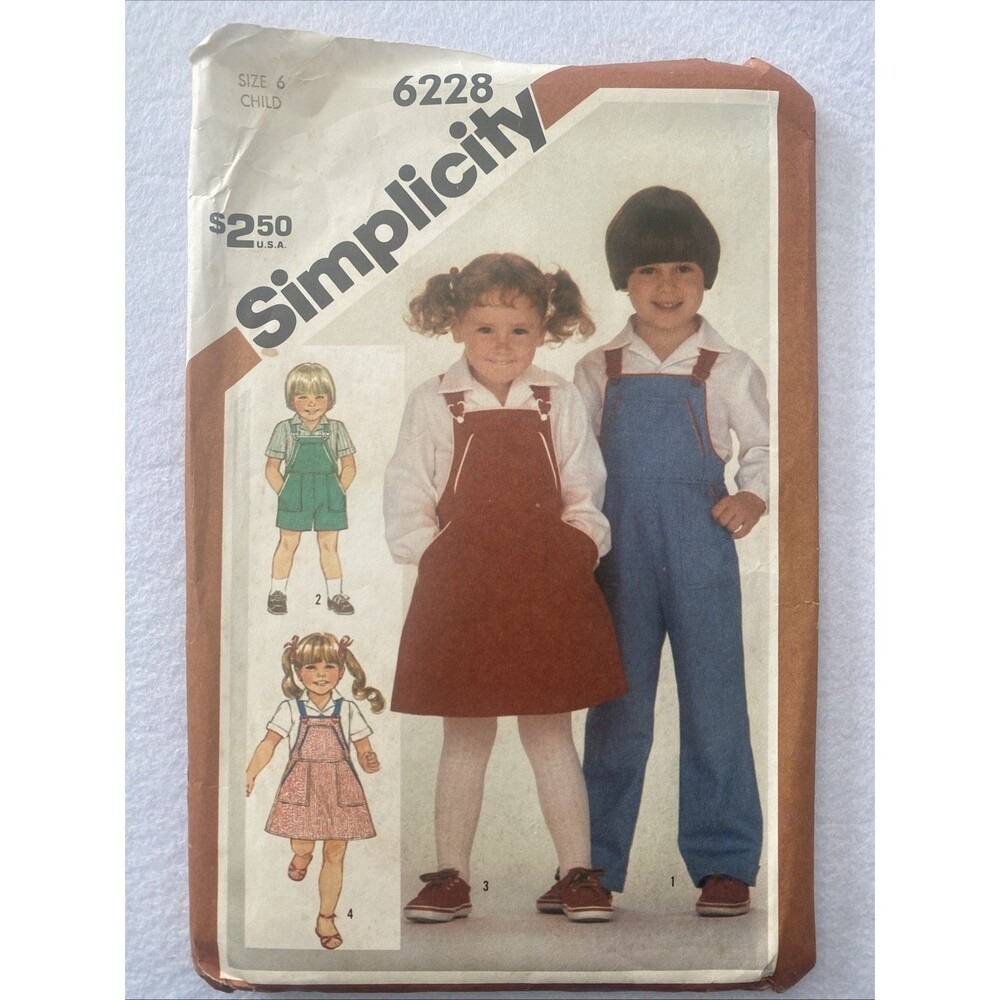 Simplicity #6228 Size 6 Child's Overalls, Shortalls, Sundress, and Shirt VTG 80s